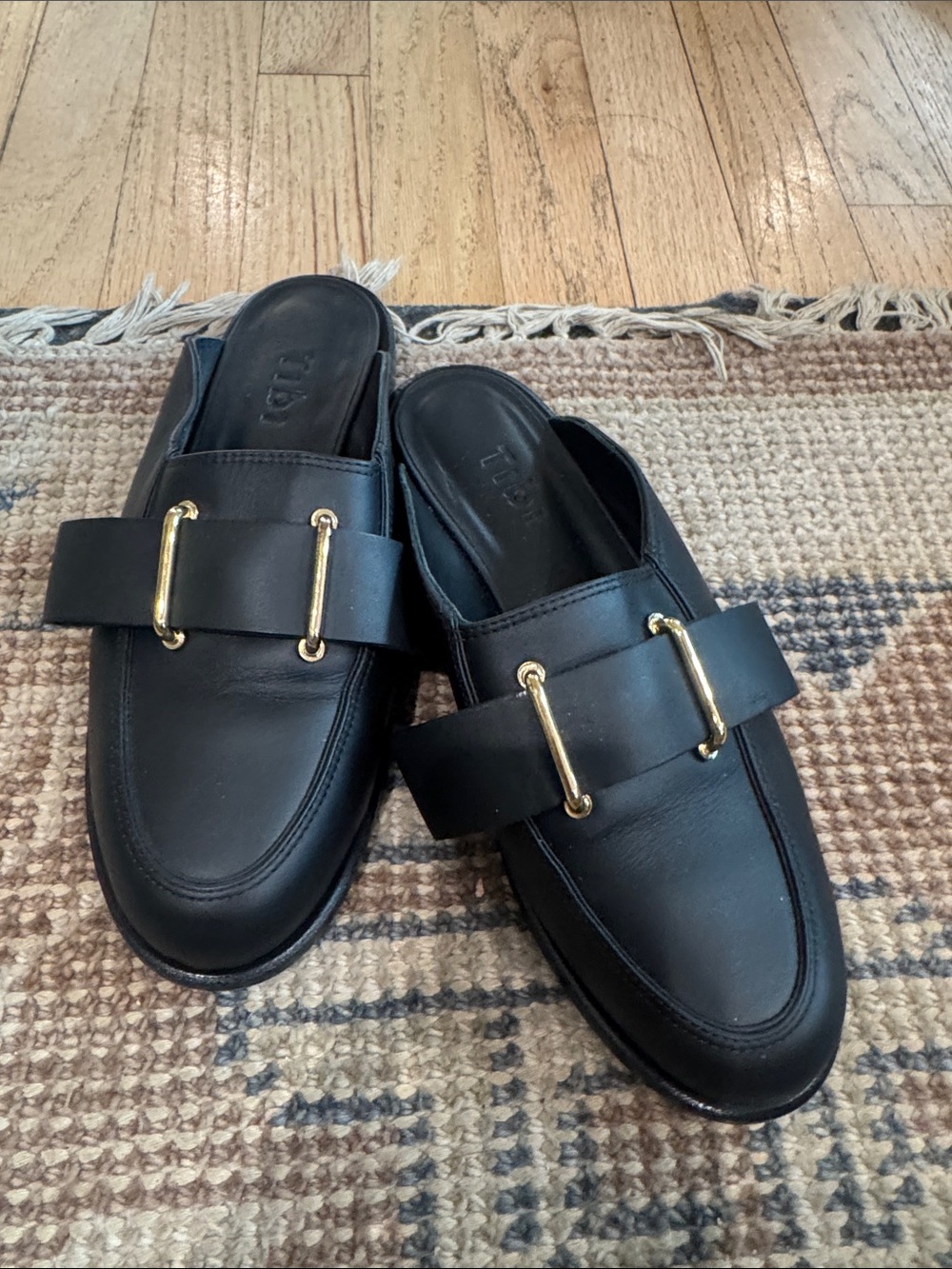 Tibi Black Leather Slip-On Loafers with Gold Hardware - Women